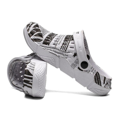 Sandals Stevvex white newspaper-print (2) with hollow-out design and anti-skid sole slip-on on Tampa Home & Garden Store