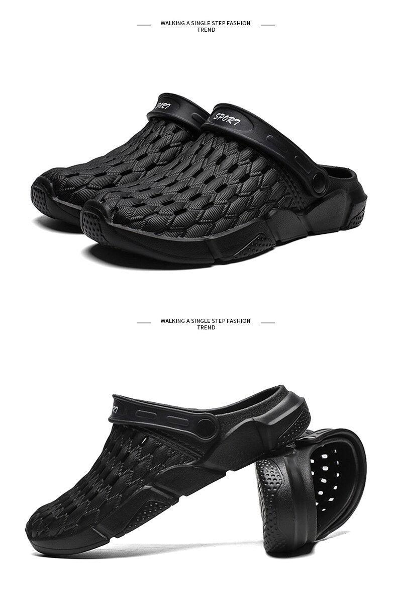 Stevvex black woven hole sandals with anti-slip rubber sole slip-on arch-support unisex on Tampa Home & Garden Store