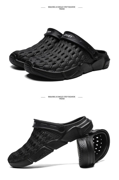 Stevvex black woven hole sandals with anti-slip rubber sole slip-on arch-support unisex on Tampa Home & Garden Store
