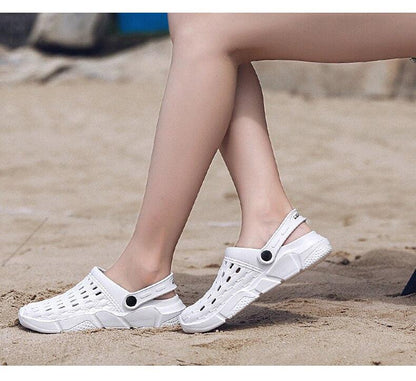 White Stevvex hollow-out sandals with ankle strap and rubber sole, beach pair on Tampa Home & Garden Store