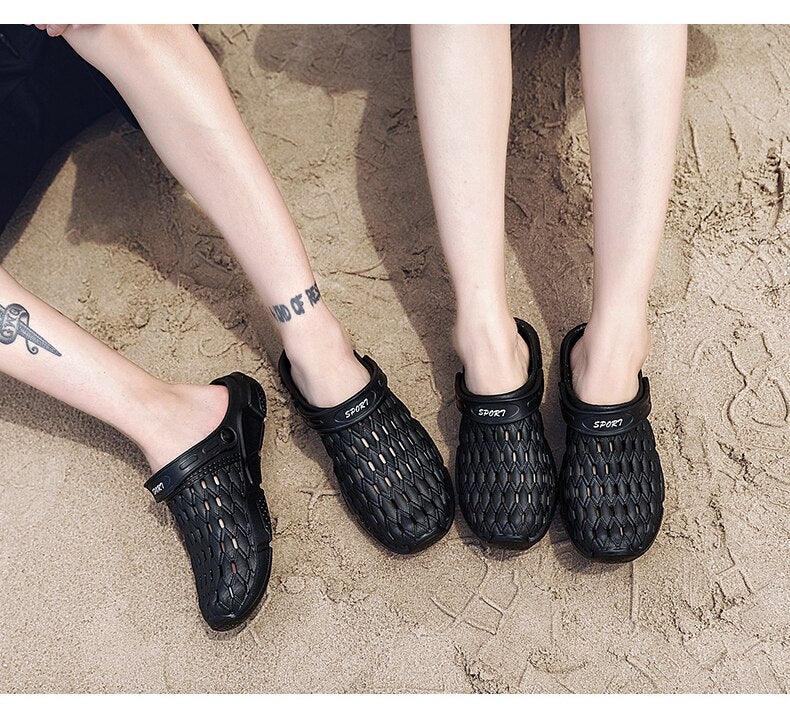 Stevvex black hollow-out mesh sandals anti-skid soles slip-on beach clogs for summer on Tampa Home & Garden Store