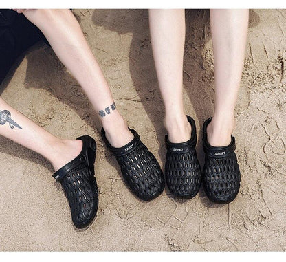 Stevvex black hollow-out mesh sandals anti-skid soles slip-on beach clogs for summer on Tampa Home & Garden Store