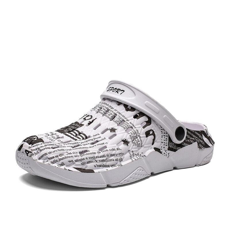 Stevvex sandals with white newspaper-print upper, hollow-out slip-on clogs, anti-skid sole on Tampa Home & Garden Store