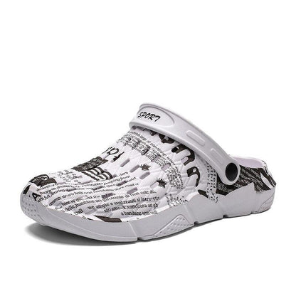 Stevvex sandals with white newspaper-print upper, hollow-out slip-on clogs, anti-skid sole on Tampa Home & Garden Store