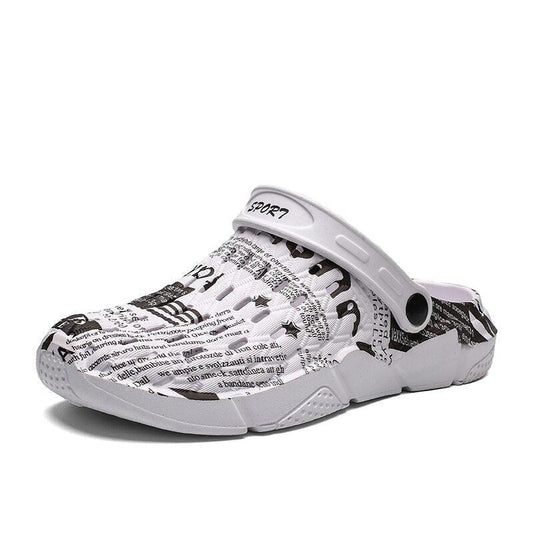 Stevvex sandals with white newspaper-print upper, hollow-out slip-on clogs, anti-skid sole on Tampa Home & Garden Store