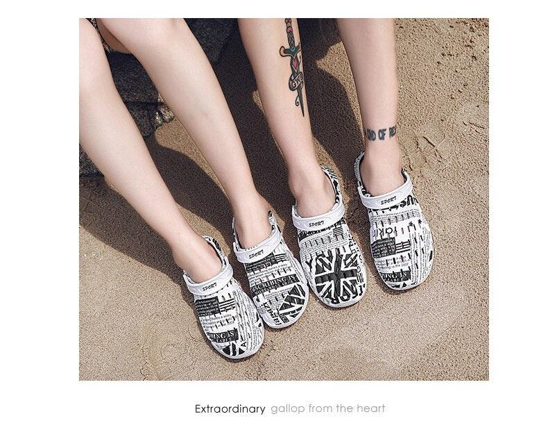 Stevvex slip-on sandals with newspaper print, white/black, anti-skid sole, beachwear on Tampa Home & Garden Store