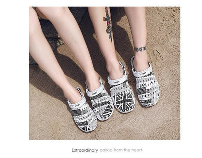 Stevvex slip-on sandals with newspaper print, white/black, anti-skid sole, beachwear on Tampa Home & Garden Store