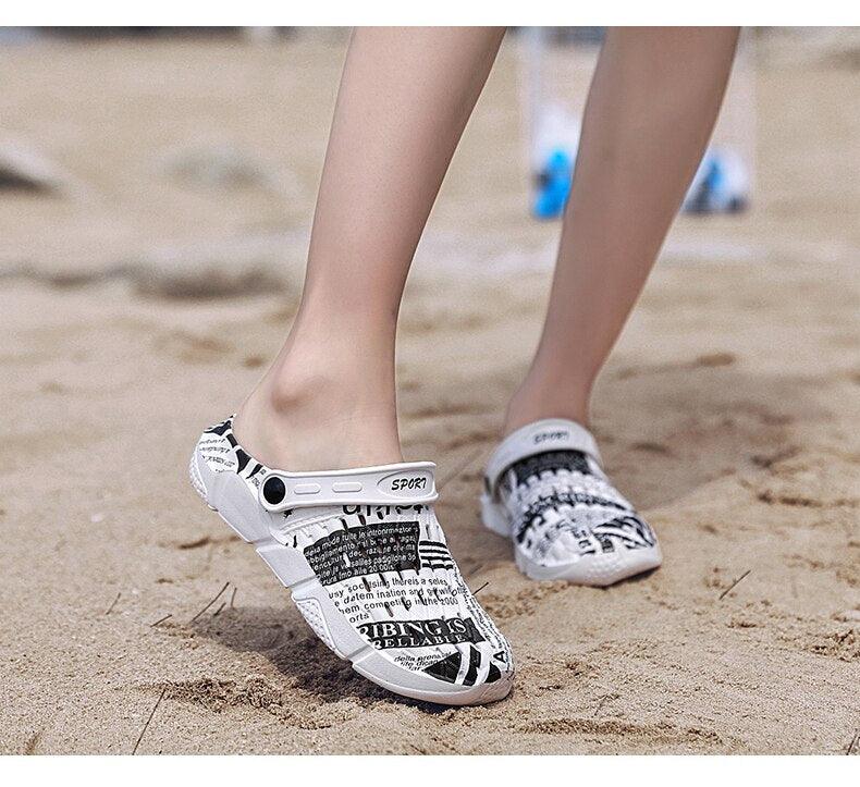 Stevvex white newspaper-print sandals hollow-out slip-on beach flats anti-skid sole on Tampa Home & Garden Store