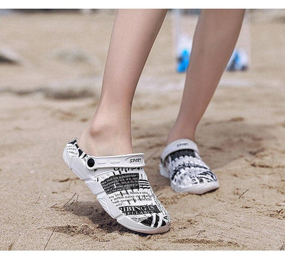 Stevvex white newspaper-print sandals hollow-out slip-on beach flats anti-skid sole on Tampa Home & Garden Store