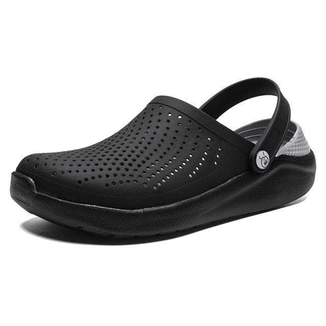 Stevvex unisex perforated water sandal with slingback strap, black upper and gray heel on Tampa Home & Garden Store