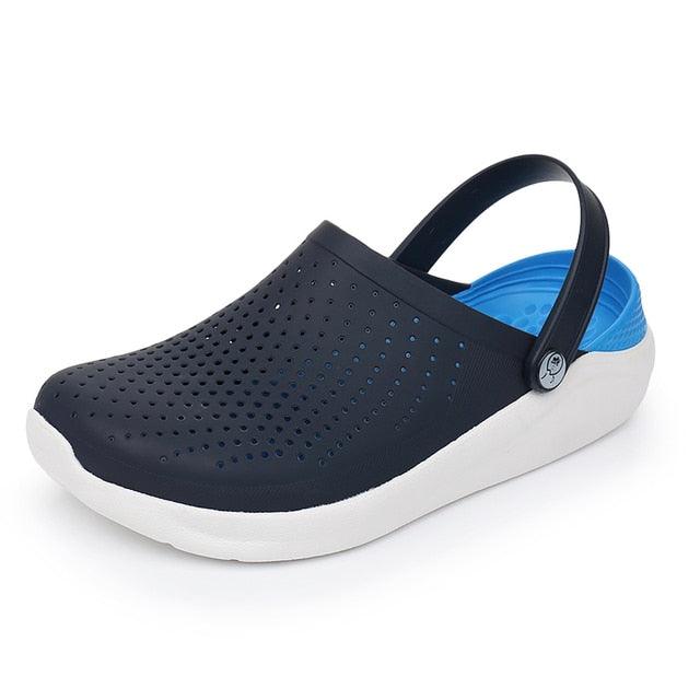 Stevvex unisex perforated garden clog sandals gray with blue interior and white sole on Tampa Home & Garden Store
