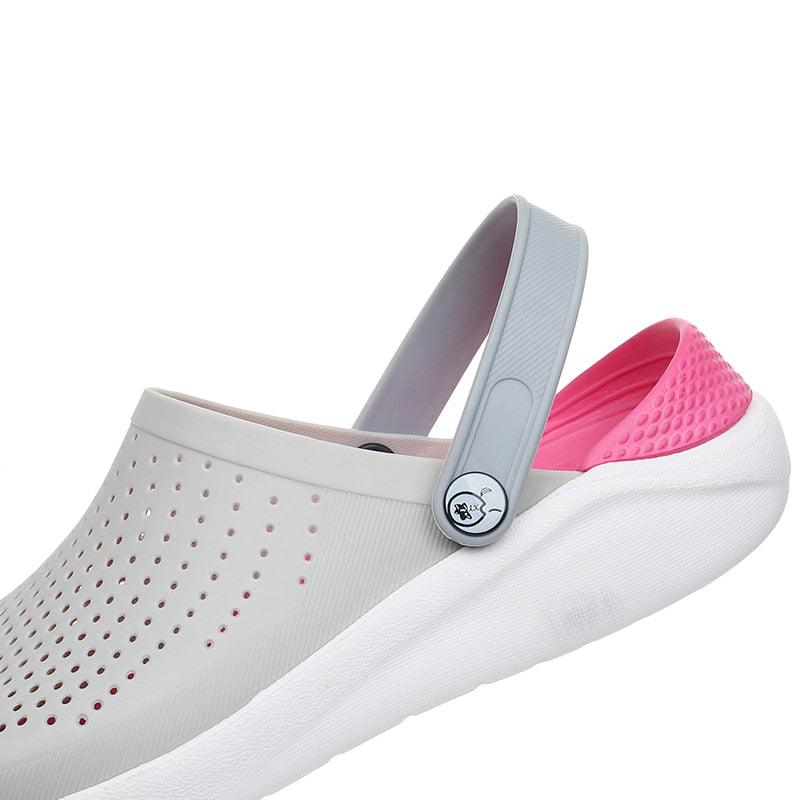 Stevvex sandals white perforated garden style with gray strap and pink inner heel on Tampa Home & Garden Store