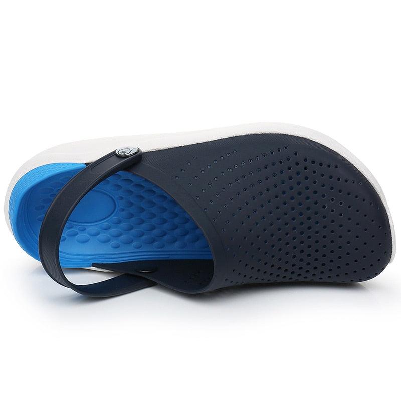 Stevvex unisex garden clog with perforated navy upper and blue insole, white sole on Tampa Home & Garden Store