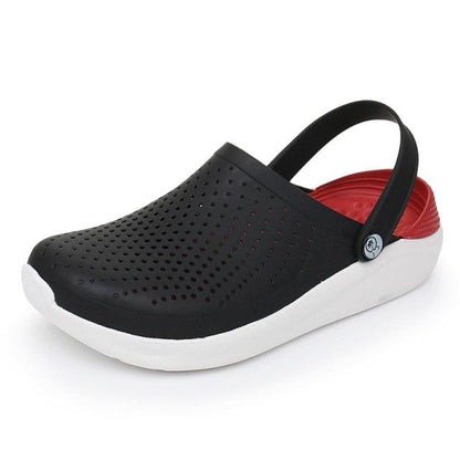 Stevvex black perforated water sandal with white sole and red strap, slip-on on Tampa Home & Garden Store