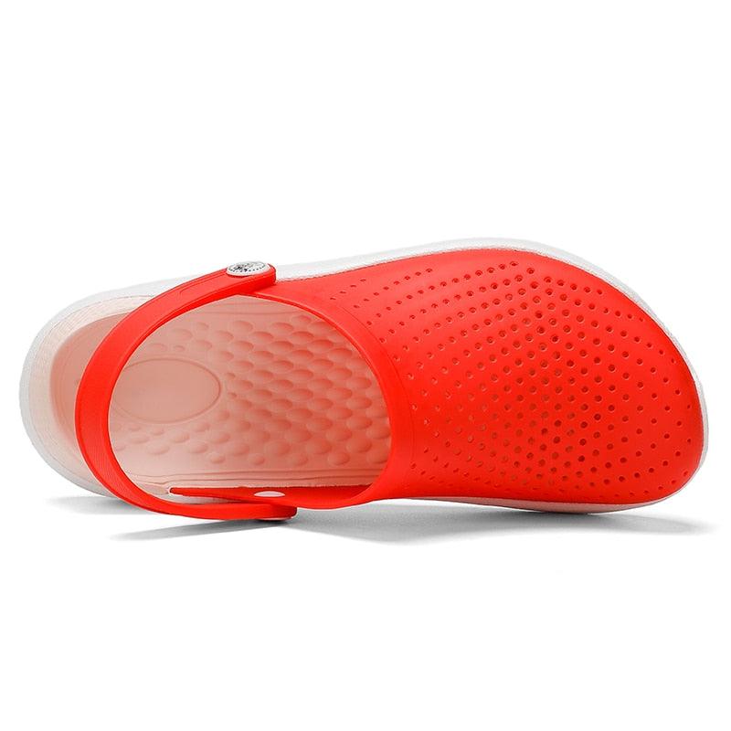 Red Stevvex perforated clog sandal with back strap, lightweight water shoe on Tampa Home & Garden Store