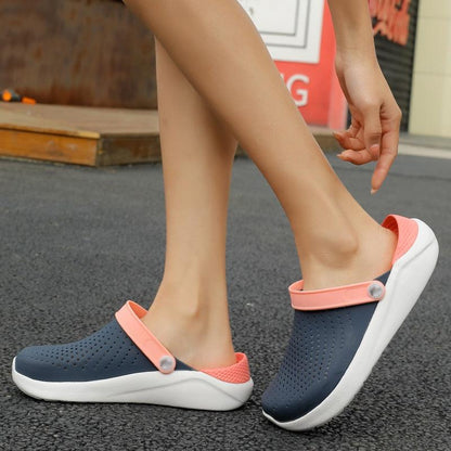 Stevvex unisex garden sandals navy perforated upper with coral pink strap and white sole pair on Tampa Home & Garden Store