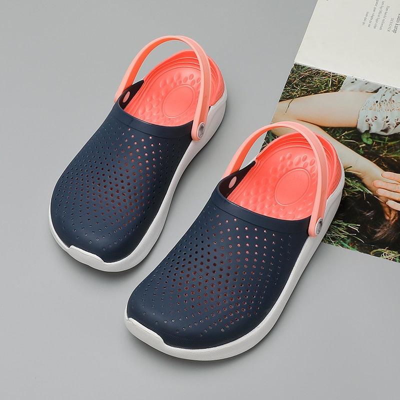 Stevvex garden sandals navy blue perforated upper with pink straps, lightweight water shoes pair on Tampa Home & Garden Store