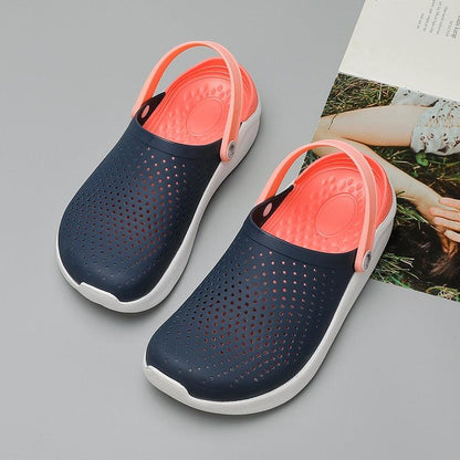 Stevvex garden sandals navy blue perforated upper with pink straps, lightweight water shoes pair on Tampa Home & Garden Store