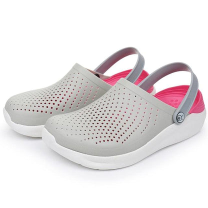 Stevvex gray slip-on sandals with pink interior and white sole, unisex garden shoes on Tampa Home & Garden Store