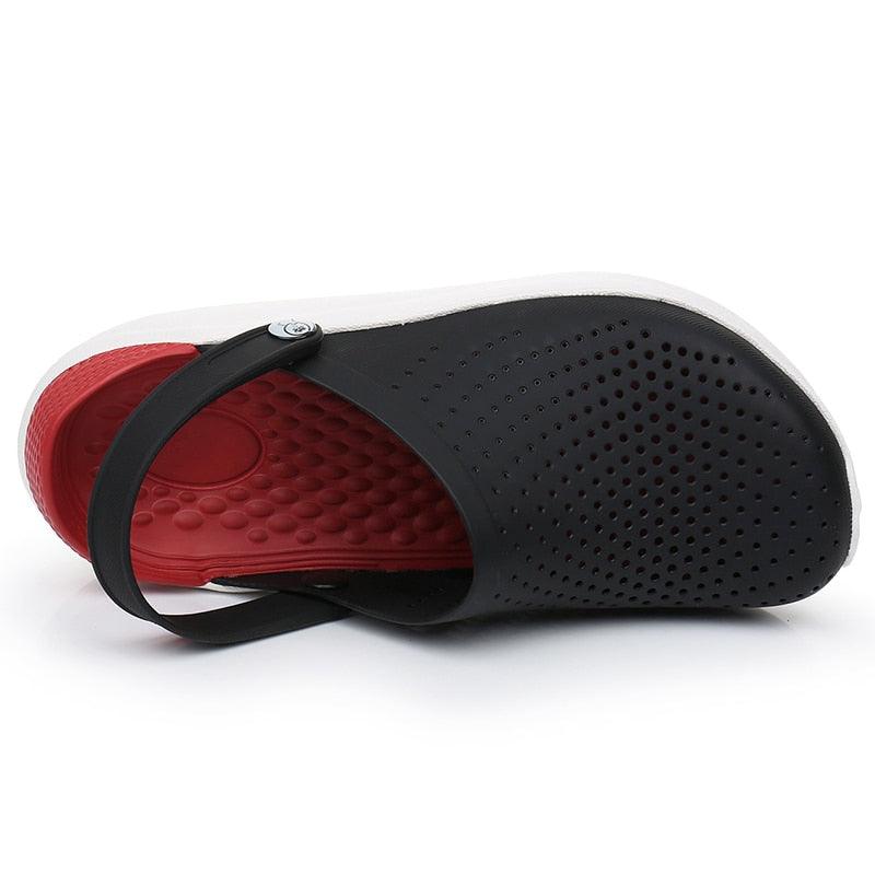 Stevvex unisex garden sandals perforated black upper with red interior and strap on Tampa Home & Garden Store