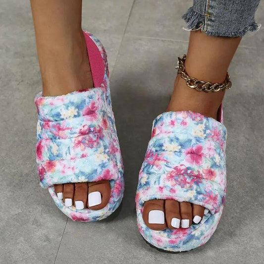 Stevvex floral plush open-toe slippers pair in pastel blues and pinks worn indoors on Tampa Home & Garden Store