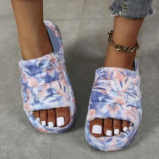 Stevvex plush open-toe slippers lavender floral print memory foam cozy house shoes on Tampa Home & Garden Store