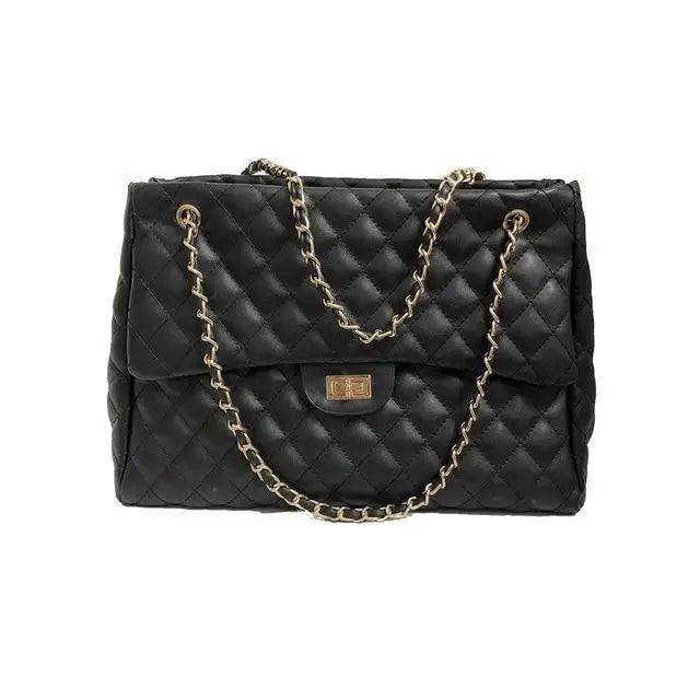 Stevvex black PU leather quilted shoulder bag with gold chain straps, large capacity on Tampa Home & Garden Store