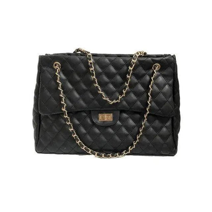Stevvex black PU leather quilted shoulder bag with gold chain straps, large capacity on Tampa Home & Garden Store