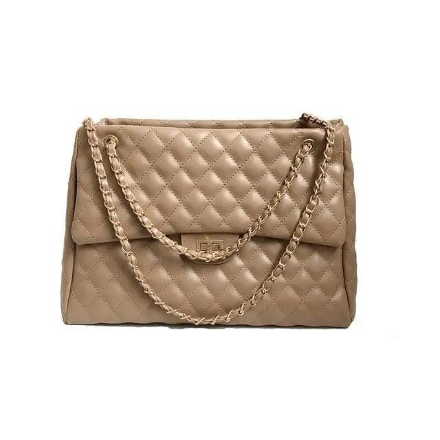 Stevvex quilted PU leather shoulder bag taupe with chain strap, large capacity on Tampa Home & Garden Store