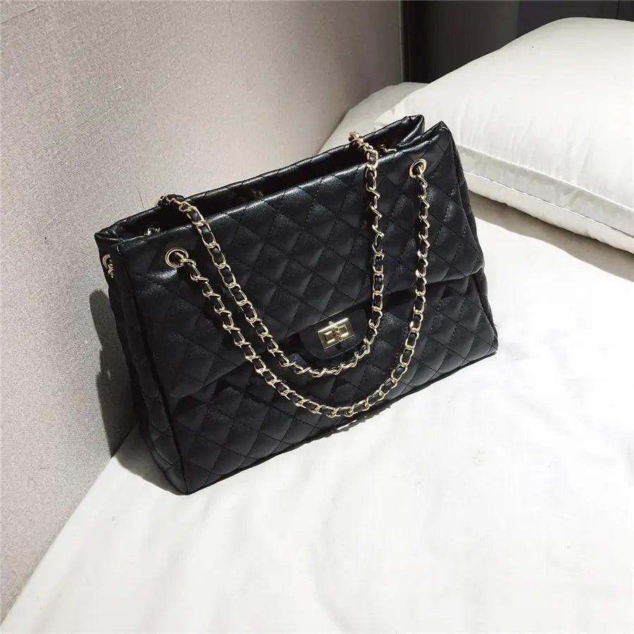 Women Pu Leather Shoulder Bag Stevvex black quilted with gold chain straps on Tampa Home & Garden Store
