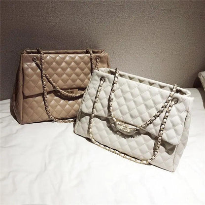 Stevvex two quilted PU leather shoulder bags with chain straps, large capacity beige/gray on Tampa Home & Garden Store