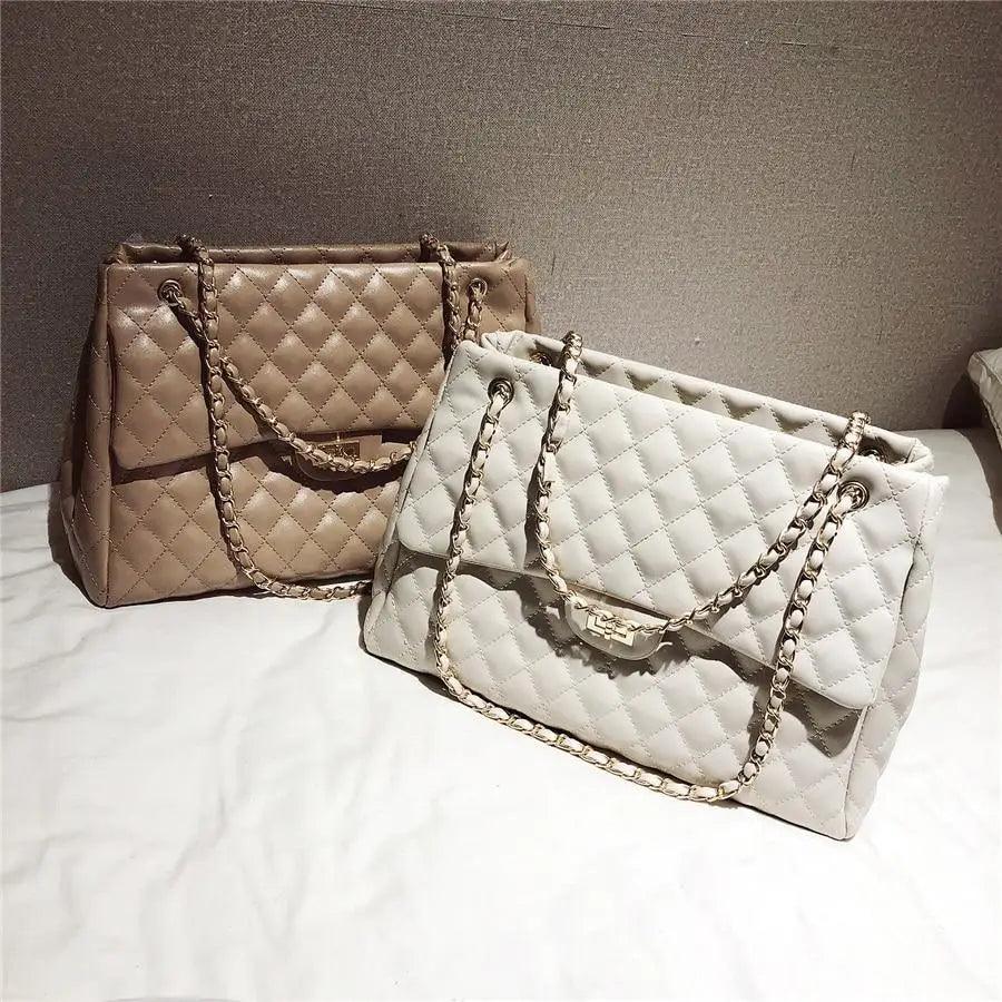 Stevvex quilted PU leather shoulder bag set of 2 in beige and gray with chain straps on Tampa Home & Garden Store