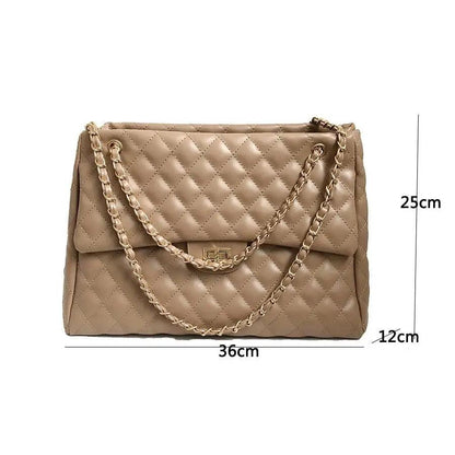 Stevvex Women PU Leather Shoulder Bag, quilted beige with gold chain strap, large capacity on Tampa Home & Garden Store