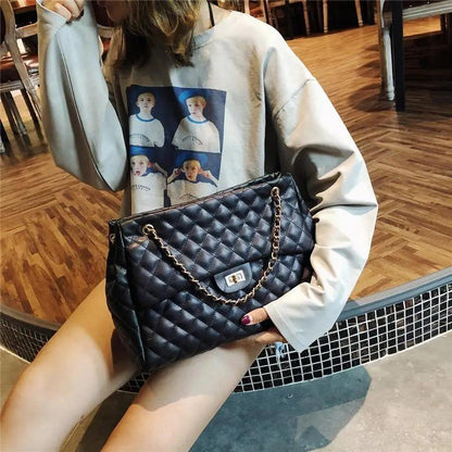 Stevvex PU leather quilted shoulder bag with gold chain black large-capacity crossbody on Tampa Home & Garden Store