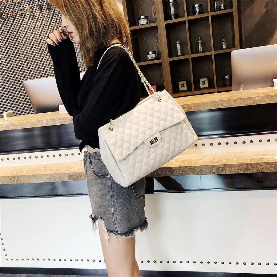 Stevvex white quilted PU leather shoulder bag with chain strap, large-capacity crossbody on Tampa Home & Garden Store