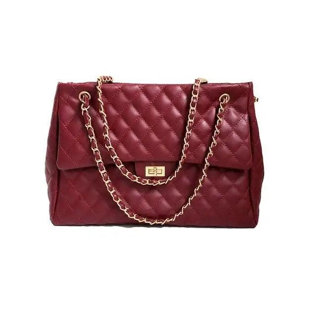 Women PU Leather Shoulder Bag burgundy quilted with gold chain strap, large capacity Stevvex on Tampa Home & Garden Store