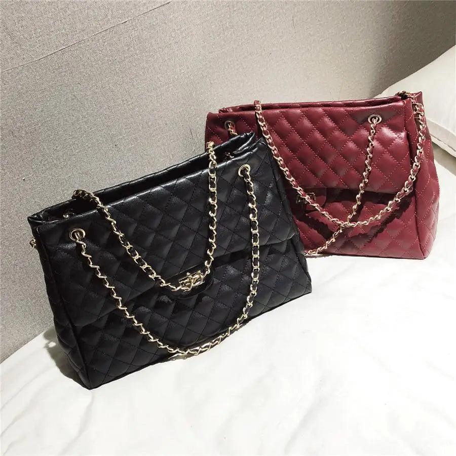 Stevvex quilted PU leather shoulder bags in black and burgundy with gold chain straps, two bags on Tampa Home & Garden Store