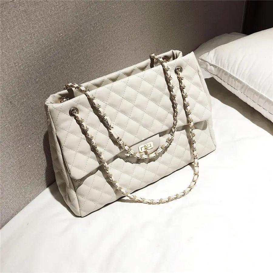 Stevvex women's PU leather quilted shoulder bag cream beige with gold chain strap on Tampa Home & Garden Store