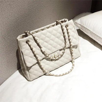 Stevvex women's PU leather quilted shoulder bag cream beige with gold chain strap on Tampa Home & Garden Store