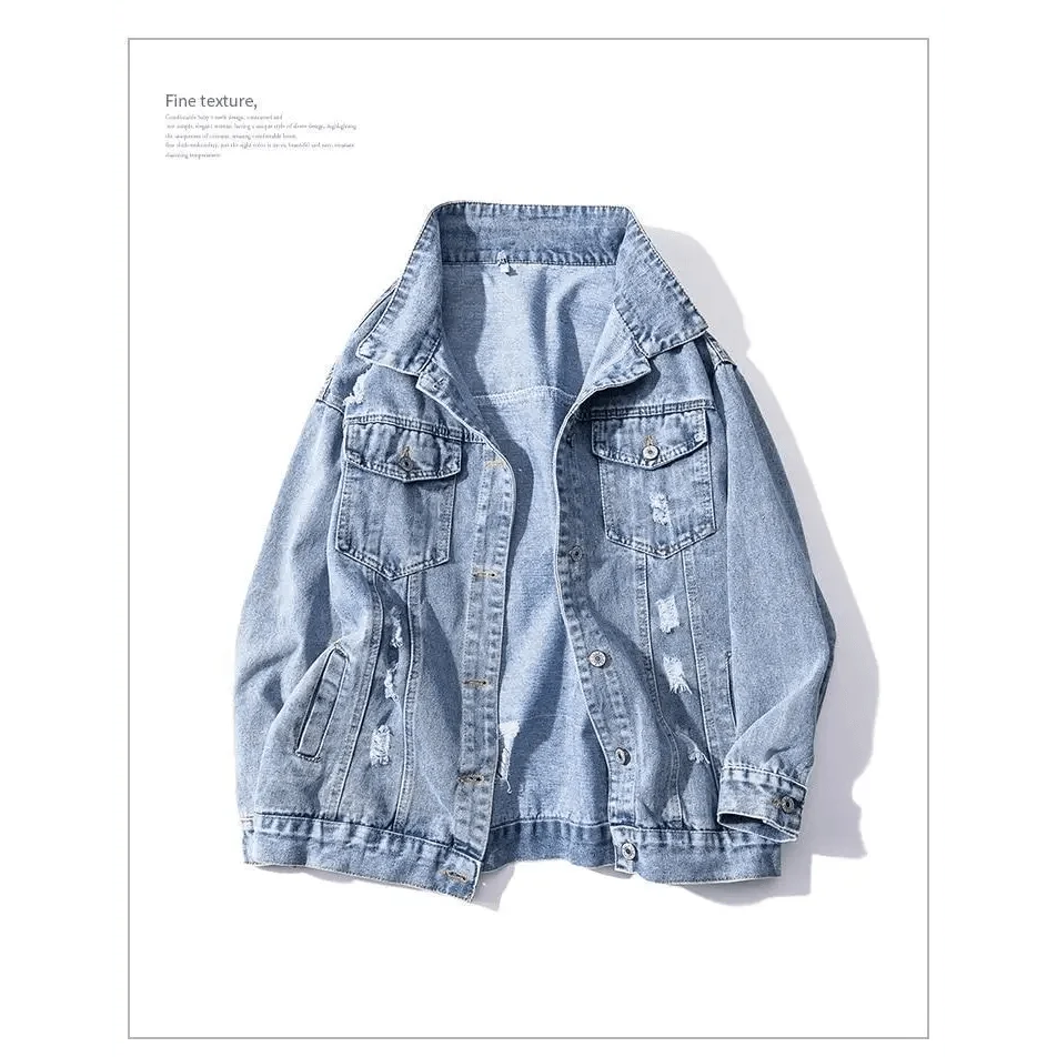 Women's Stevvex distressed light-blue denim trucker jacket with ripped patches on Tampa Home & Garden Store
