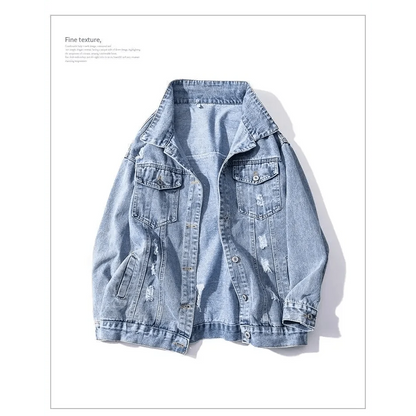 Women's Stevvex distressed light-blue denim trucker jacket with ripped patches on Tampa Home & Garden Store
