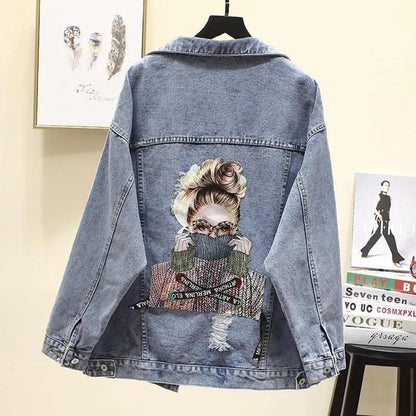 Stevvex denim trucker jacket with back graphic of a woman in knitwear and patchwork art on Tampa Home & Garden Store
