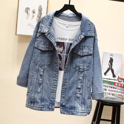 Stevvex women's denim trucker jacket with patches and front pockets, light wash blue on Tampa Home & Garden Store