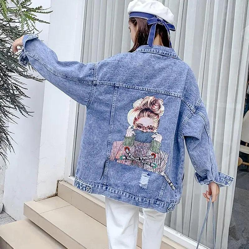 Stevvex ST93337LOJ denim trucker jacket with back graphic print and distressed patches on Tampa Home & Garden Store