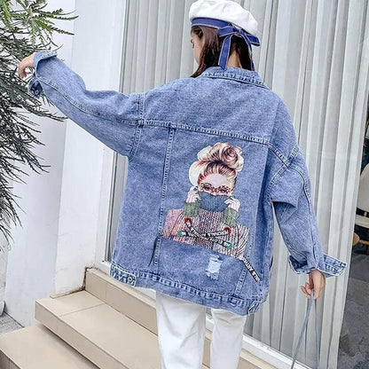 Stevvex ST93337LOJ denim trucker jacket with back graphic print and distressed patches on Tampa Home & Garden Store