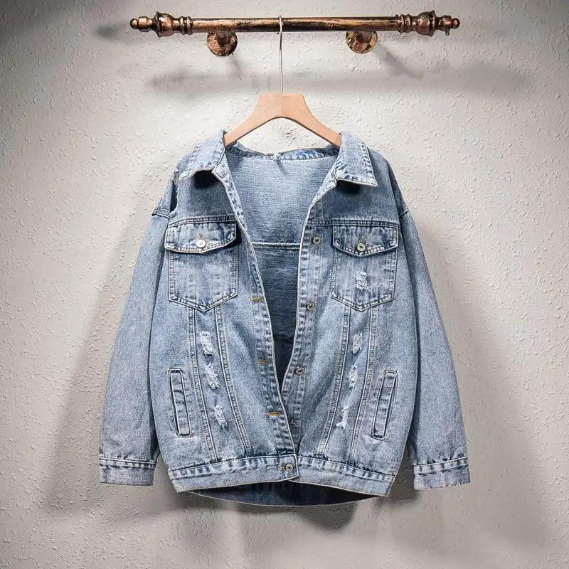 Stevvex ST93337LOJ denim trucker jacket with distressed patches, light blue wash, front pockets on Tampa Home & Garden Store