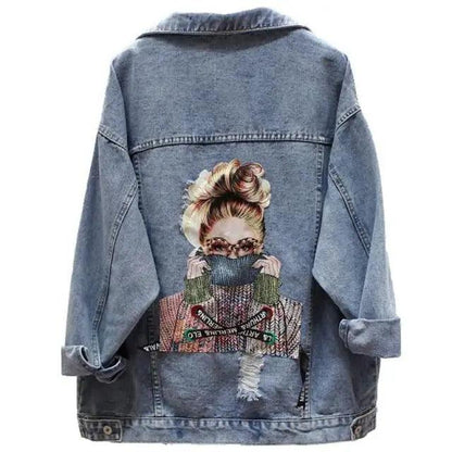 Stevvex blue denim trucker jacket ST93337LOJ with back graphic patch art on Tampa Home & Garden Store