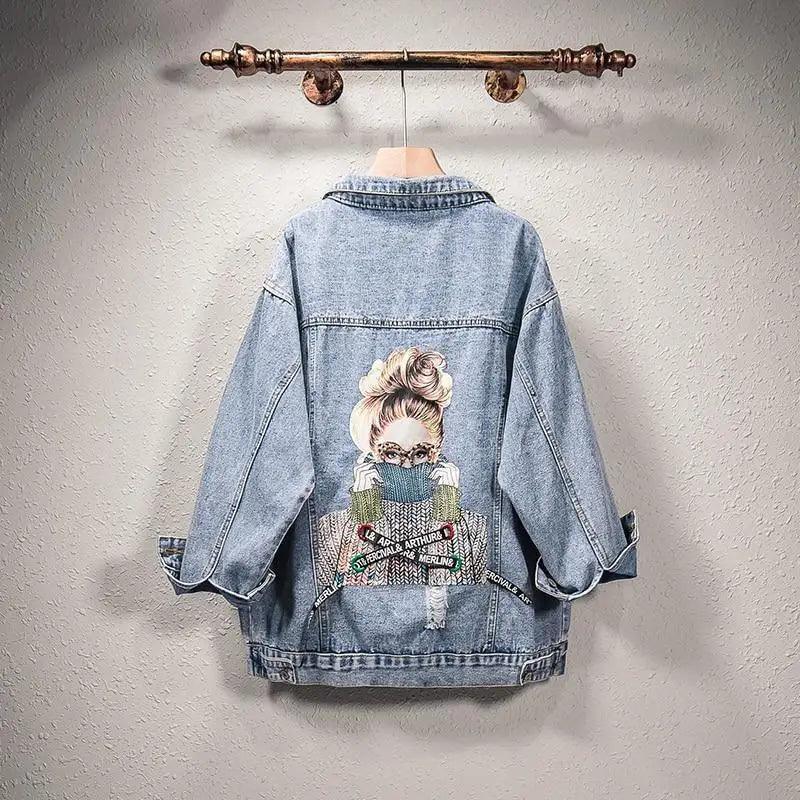 Women's denim trucker jacket by Stevvex with back graphic print light blue denim ST93337LOJ on Tampa Home & Garden Store