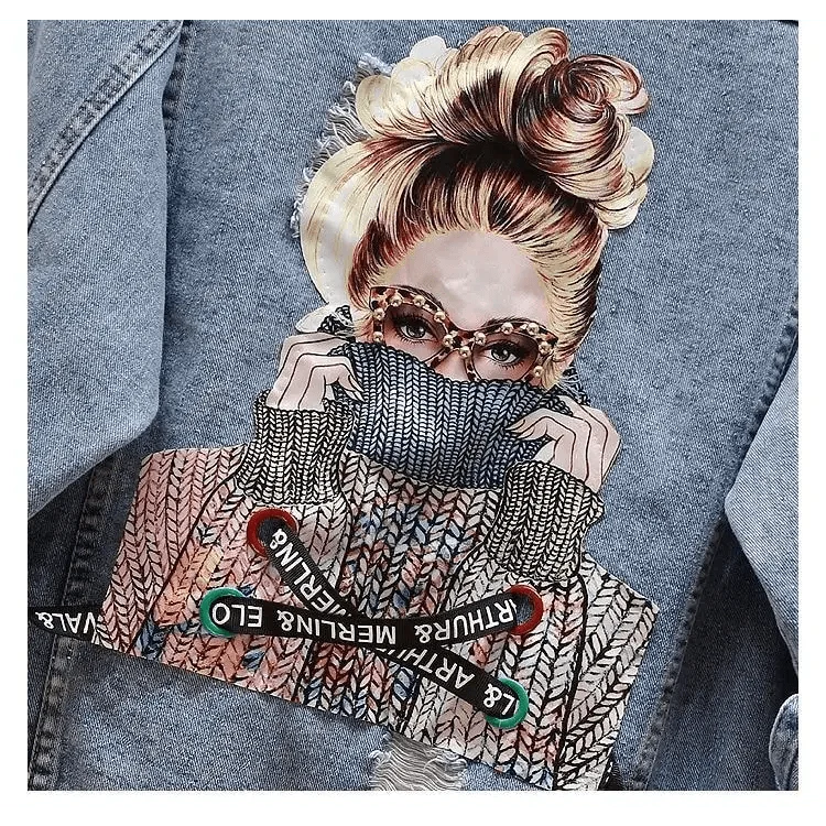 Stevvex ST93337LOJ blue denim trucker jacket with bold knitwear backdrop on Tampa Home & Garden Store