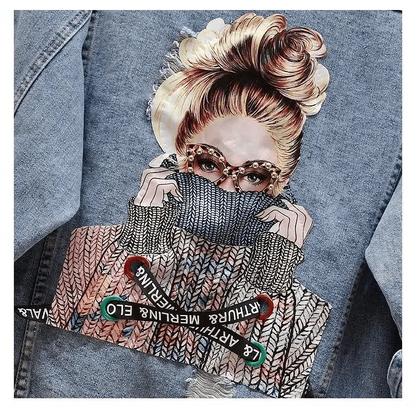 Stevvex ST93337LOJ blue denim trucker jacket with bold knitwear backdrop on Tampa Home & Garden Store